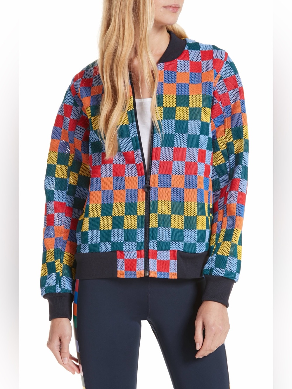 Tory Sport Checkered Mesh Bomber Jacket Colorful